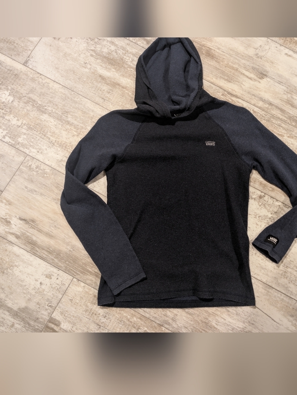 Vans Two-Tone Hooded Long Sleeve Tee - Black & Dark Blue Boys Size Small
